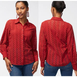 Chico's‎ 4 20 Blouse Poplin CutworkButton Front Longsleeve Lace Rust Orange